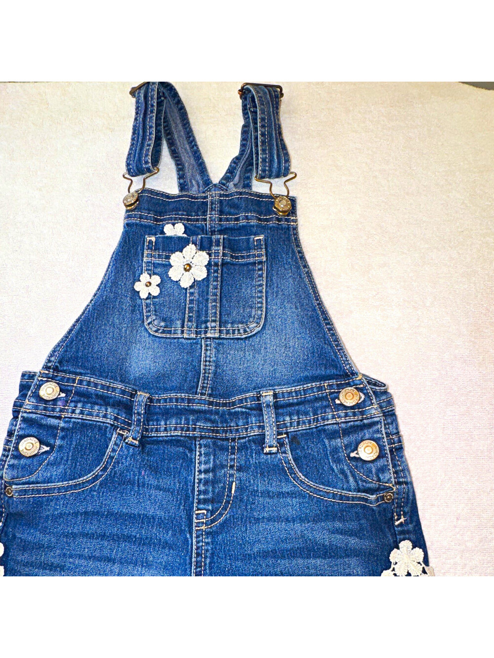 Jordache Girls Denim Overall Romper Shorts Floral Lace Blue/White M 7-8